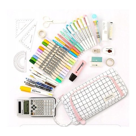 Duży Piórnik Trzykomorowy z Uchwytem - Biało-Czarna Kratka - 22 cm