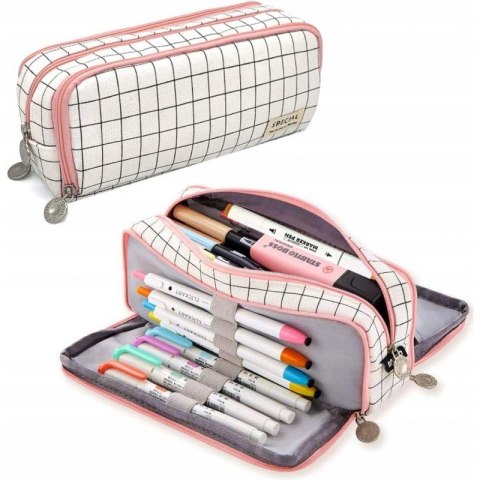 Duży Piórnik Trzykomorowy - Biało-Czarna Kratka - 22 cm