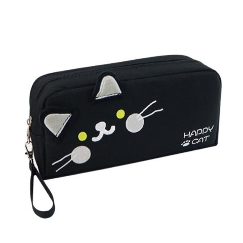 Duży Piórnik Dwukomorowy Happy Cat - Czarny - 22 cm