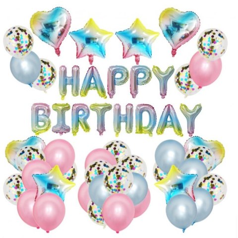 Zestaw Balonów "Happy Birthday" - Róż, Błękit i Kameleon - 50 szt.