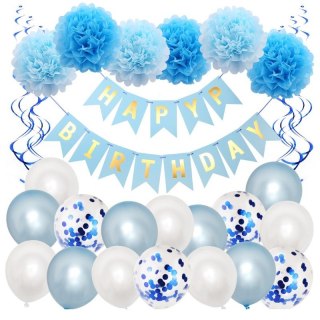Zestaw Balonów z Girlandą "Happy Birthday" - Niebieski i Biały - 24 szt.