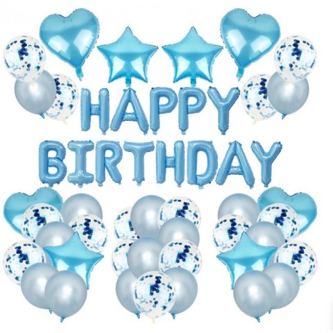 Zestaw Balonów "Happy Birthday" - Niebieski i Srebrny - 50 szt.