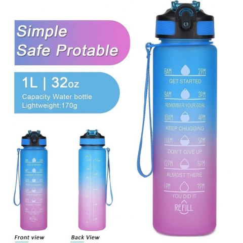 Butelka na Wodę z Miarką i Słomką - Ombre Niebiesko-Fuksjowa 1000 ml