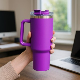 Duży Kubek Termiczny ze Słomką i Uchwytem - Fioletowy - 1000 ml