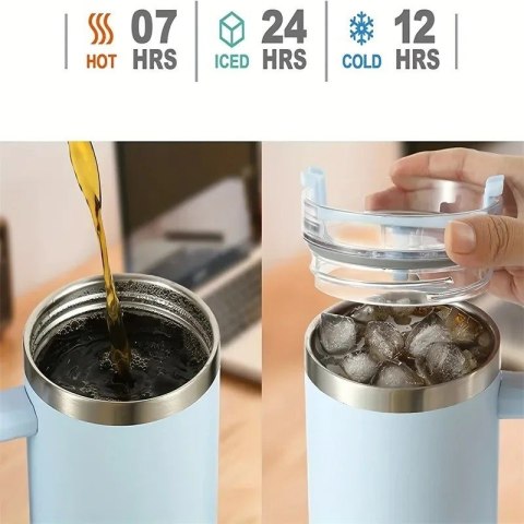 Duży Kubek Termiczny ze Słomką i Uchwytem - Fioletowy - 1000 ml