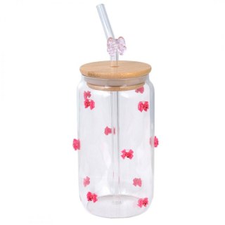Szklanka z Pokrywką i Słomką - Kokardki z Cyrkoniami - 460 ml - 7 x 14 cm