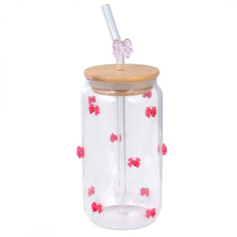 Szklanka z Pokrywką i Słomką - Kokardki z Cyrkoniami - 460 ml - 7 x 14 cm