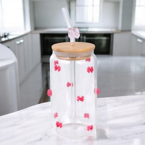 Szklanka z Pokrywką i Słomką - Kokardki z Cyrkoniami - 460 ml - 7 x 14 cm