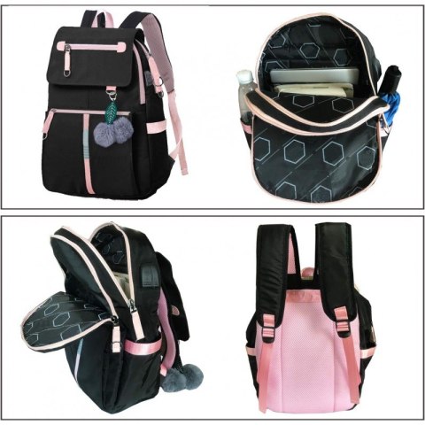 Plecak Szkolny – Czarno-Różowy z USB – 44x30 cm