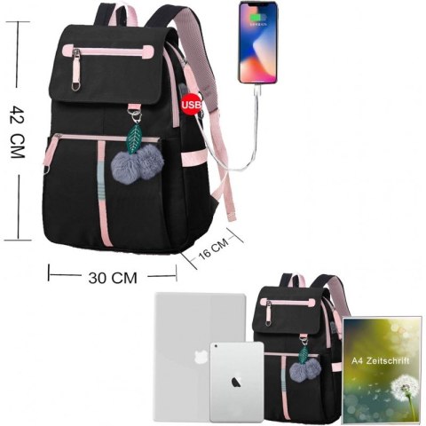 Plecak Szkolny – Czarno-Różowy z USB – 44x30 cm
