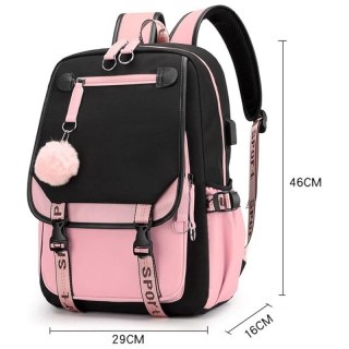 Plecak Szkolny – Czarno-Różowy z USB – 46x29 cm