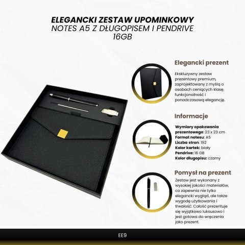 Zestaw Operacyjny: Skórzany Notes A5, Długopis i Pendrive 16GB – Czerń i Złoto