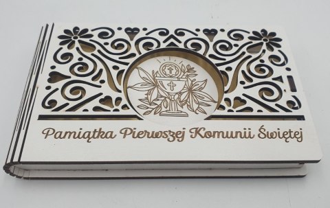 Banknotówka na pieniądze 10 x 15,5cm ażur biała KOMUNIA ŚW IHS