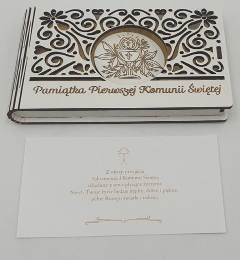Banknotówka na pieniądze 10 x 15,5cm ażur biała KOMUNIA ŚW IHS