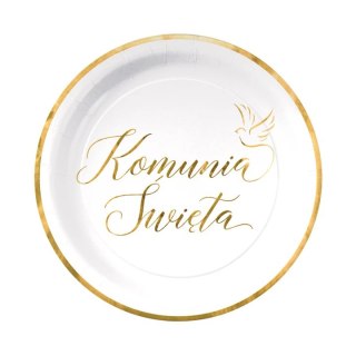 Talerzyki papierowe Komunia Święta biało-złote 7 cali 6 szt. 161708
