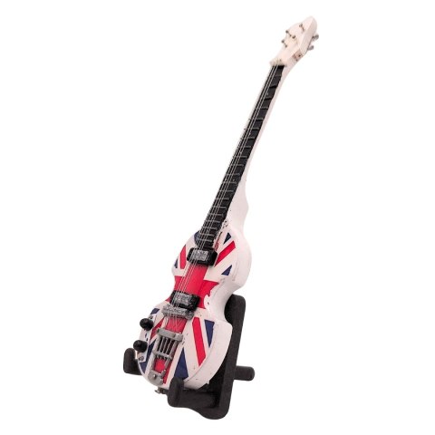 Miniaturowa Gitara Basowa z drewna mahoniowego na Stojaku – Motyw Brytyjska Inwazja – Skala 1:6