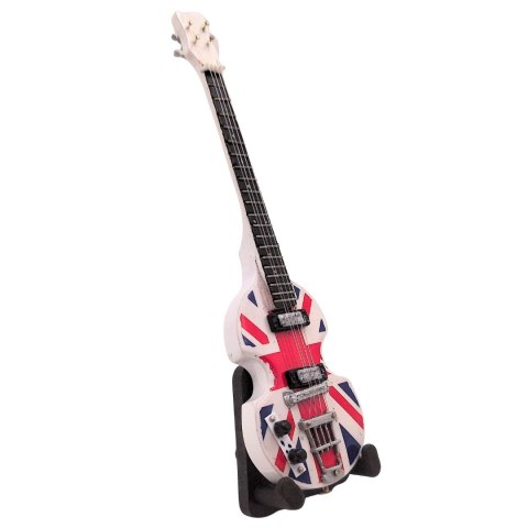 Miniaturowa Gitara Basowa z drewna mahoniowego na Stojaku – Motyw Brytyjska Inwazja – Skala 1:6