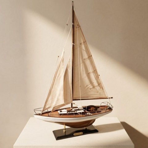 Model Jachtu Żaglowego – Styl Hamptons – Biel i Drewno – 66 cm
