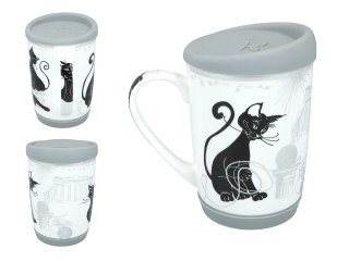 Kubek Ceramiczny z Pokrywą i Podstawką – Biały w Czarne Koty - 375 ml