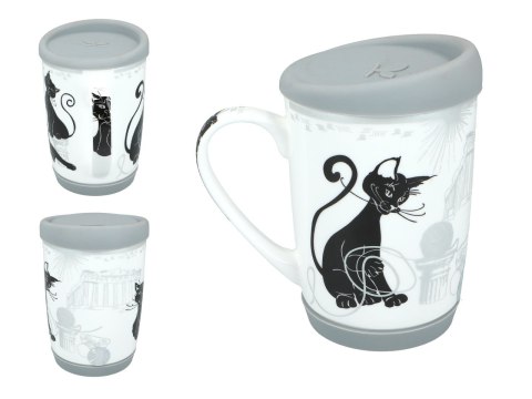 Kubek Ceramiczny z Pokrywą i Podstawką – Biały w Czarne Koty - 375 ml