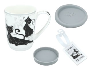 Kubek Ceramiczny z Pokrywą i Podstawką – Biały w Czarne Koty - 375 ml