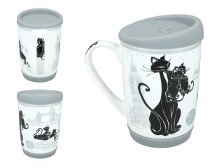 Kubek Ceramiczny z Pokrywą i Podstawką – Biały w Czarne Koty - 375 ml