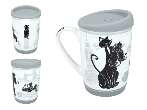 Kubek Ceramiczny z Pokrywą i Podstawką – Biały w Czarne Koty - 375 ml