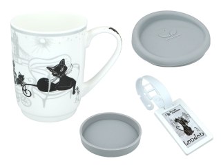 Kubek Ceramiczny z Pokrywą i Podstawką – Biały w Czarne Koty - 375 ml