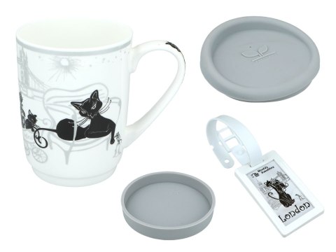 Kubek Ceramiczny z Pokrywą i Podstawką – Biały w Czarne Koty - 375 ml