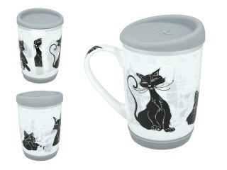 Kubek Ceramiczny z Pokrywą i Podstawką – Biały w Czarne Koty - 375 ml