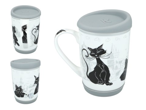 Kubek Ceramiczny z Pokrywą i Podstawką – Biały w Czarne Koty - 375 ml
