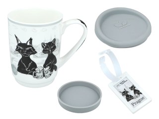 Kubek Ceramiczny z Pokrywą i Podstawką – Biały w Czarne Koty - 375 ml
