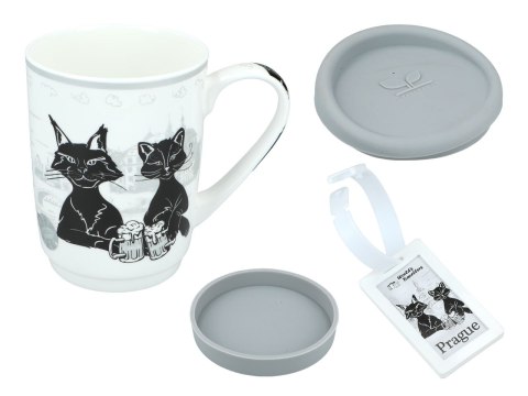 Kubek Ceramiczny z Pokrywą i Podstawką – Biały w Czarne Koty - 375 ml