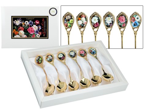 Zestaw 6 Złotych Łyżeczek - Kwiaty Barokowe (Mix Wzorów) - 13 cm