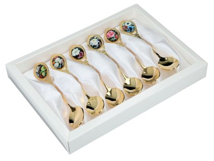 Zestaw 6 Złotych Łyżeczek - Kwiaty Barokowe (Mix Wzorów) - 13 cm