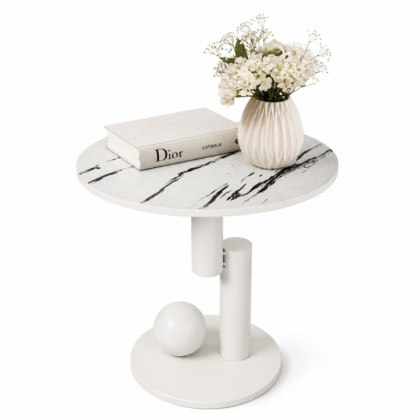 Stolik Kawowy z Uchwytem - Biały Marmur / Stal - 50 cm