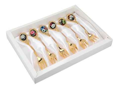 Zestaw 6 Złotych Widelczyków - Kwiaty Barokowe (Mix Wzorów) - 13 cm