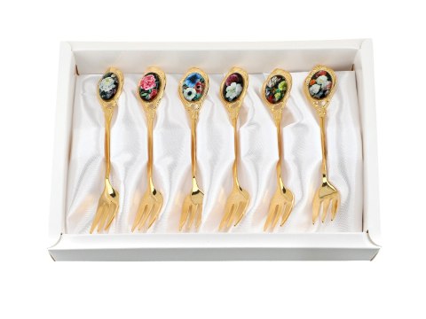 Zestaw 6 Złotych Widelczyków - Kwiaty Barokowe (Mix Wzorów) - 13 cm