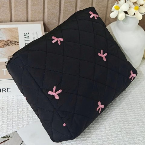 Organizer na Kosmetyki - Czarny w Kokardy Pikowany - 24x18 cm