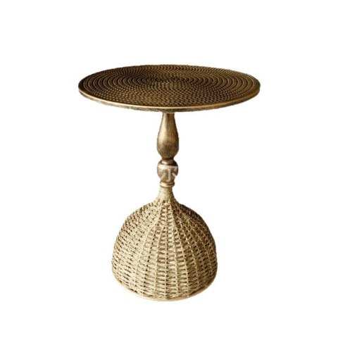 Stolik Kawowy z Metalowym Blatem - Rattanowy Splot - 40 cm
