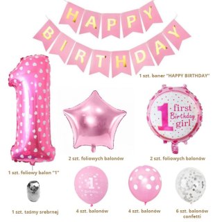 Zestaw Balonów i Girlanda na Roczek Dla Dziewczynki - Różowy - 20 szt.