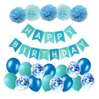 Zestaw Balonów z Girlandą "Happy Birthday" - Niebieski - 21 szt.