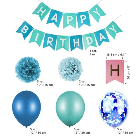 Zestaw Balonów z Girlandą "Happy Birthday" - Niebieski - 21 szt.