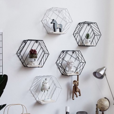 Sześciokątna Półka Ścienna LOFT - Czarna - Bok 15 cm