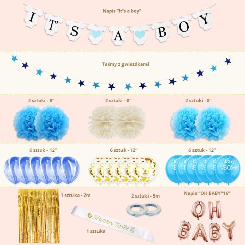 Zestaw Balonów i Rekwizytów Baby Shower - "It's a Boy"