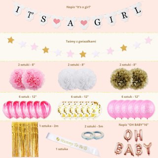 Zestaw Balonów i Rekwizytów Baby Shower - "It's a Girl"