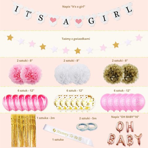 Zestaw Balonów i Rekwizytów Baby Shower - "It's a Girl"