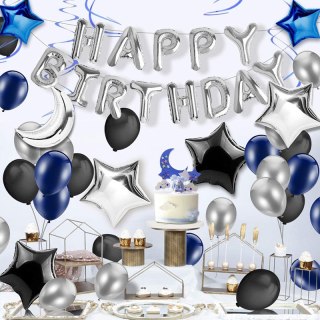 Zestaw Balonów "Happy Birthday" - Granat, Srebro i Czerń - 51 szt.