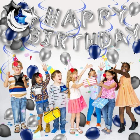 Zestaw Balonów "Happy Birthday" - Granat, Srebro i Czerń - 51 szt.