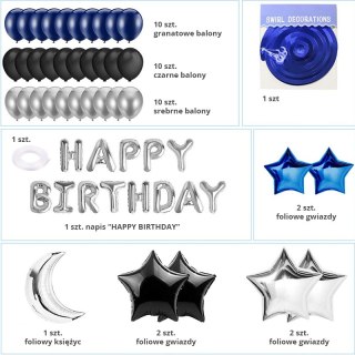 Zestaw Balonów "Happy Birthday" - Granat, Srebro i Czerń - 51 szt.